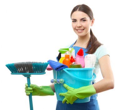 Carpet cleaning safety setup with warning sign and organized tools